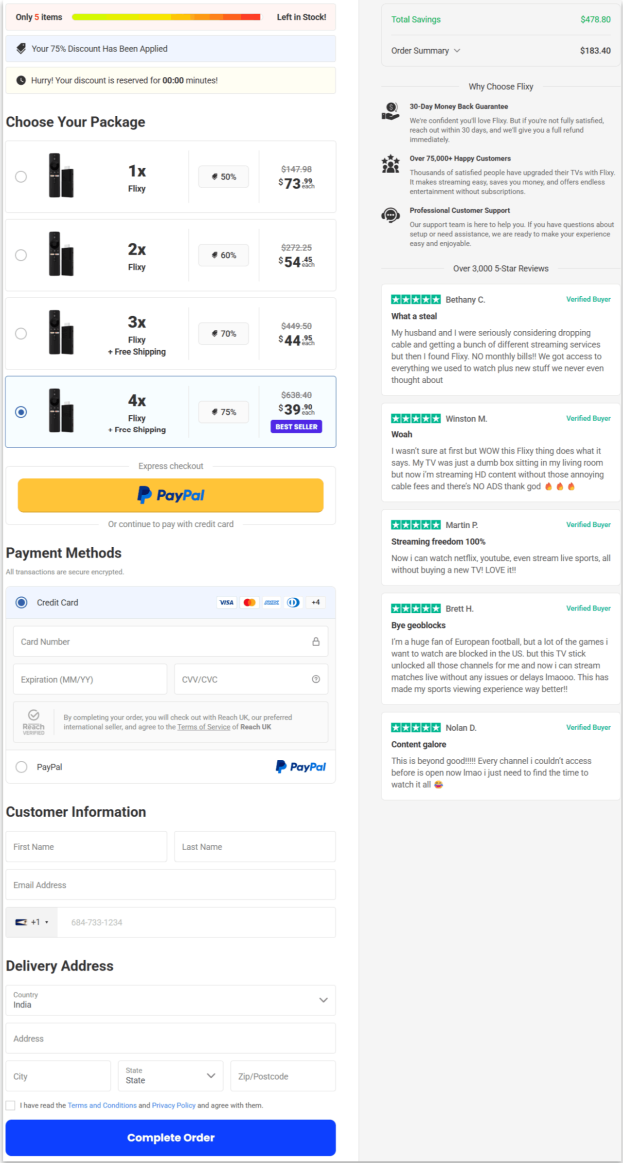Flixy TV Stick secure checkout page